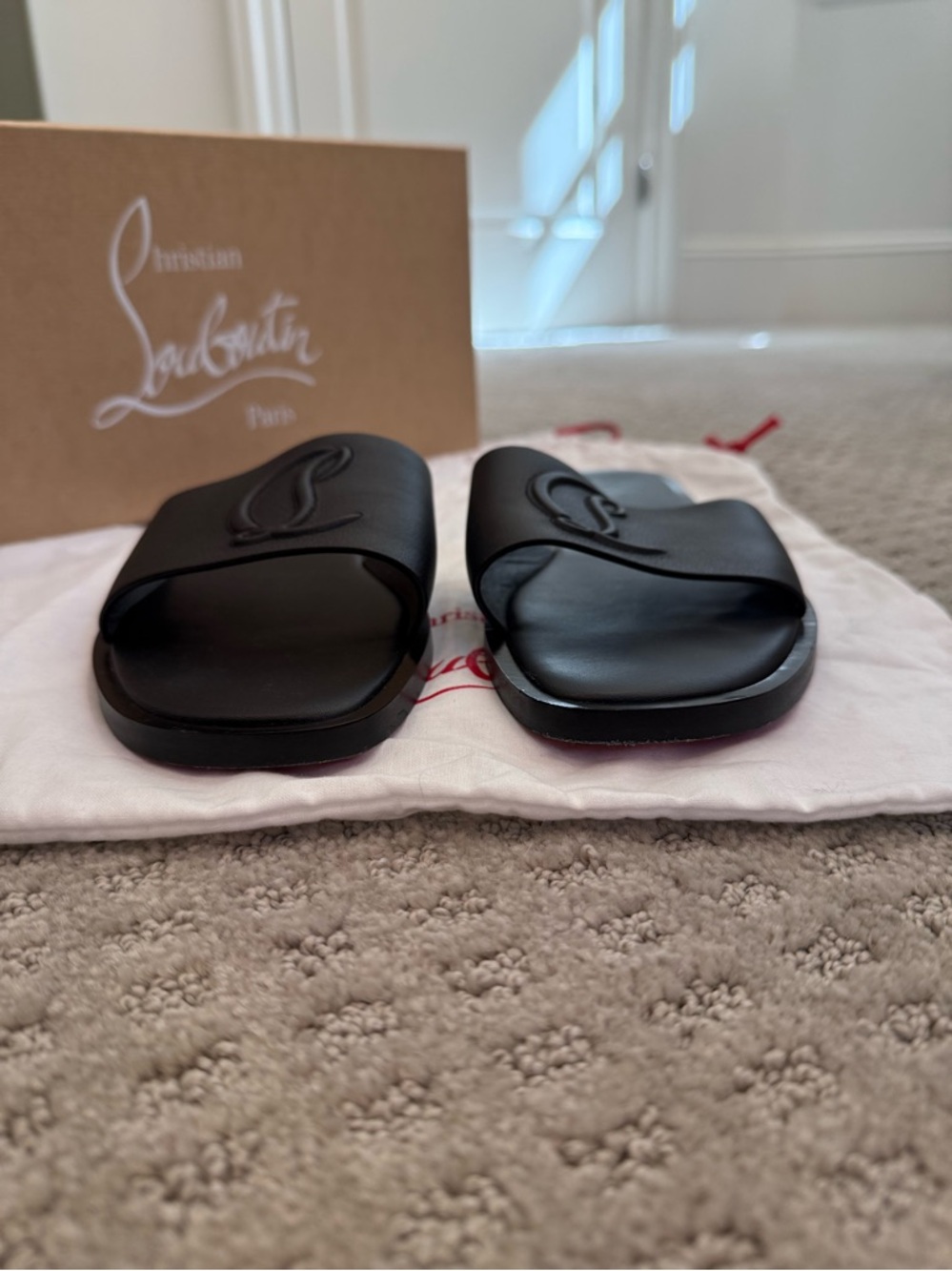 Christian Louboutin Black Embossed Logo Leather Flat Mule Sandal size 41 - Picture 4 of 12